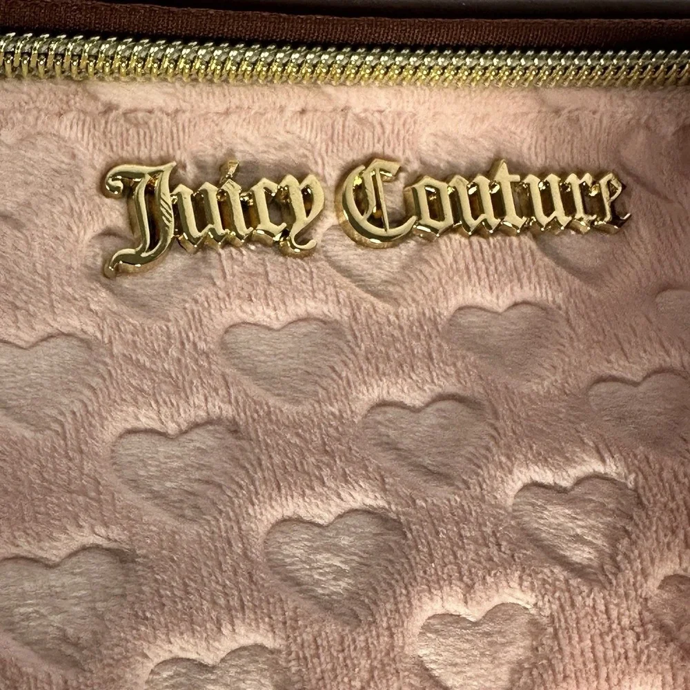 Juicy Couture Velour Cosmetic Bag Set Pink Embossed Hearts Gold Crest